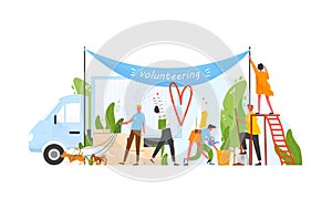 Composition with group of men and women volunteering, doing volunteer work or performing altruistic activities together photo