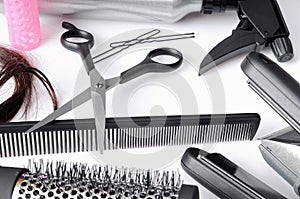 Composition hairdressing tools isolated top view