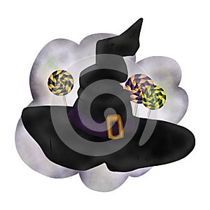 Composition Halloween with a magic hat and candy