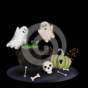 Composition Halloween with a magic pumpkin and ghosts