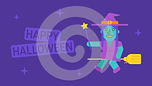 Composition happy halloween cute witch flies on broom and holds magic wand