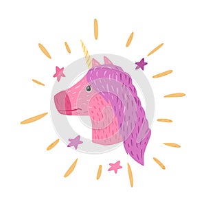 Composition head unicorn white radiance and stars on white background. Cartoon cute character pink color in doodle