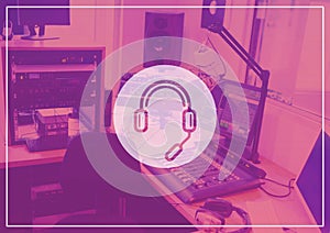 Composition of headset and microphone symbol over digital audio workstation home studio in pnk