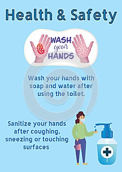 Composition of health and safety text over hand washing on blue background