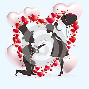 Composition of hearts and a dark silhouette of a guy in a hat and a girl with balls