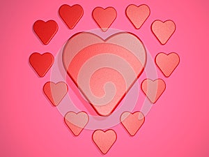 Composition with hearts on pink background. Digital illustration. 3d render