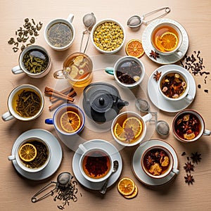 The composition highlights a variety of tea types and ingredients