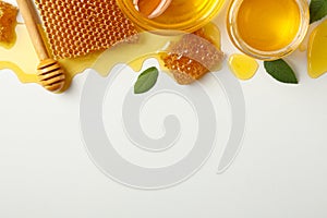 Composition with honeycombs, honey and dipper on white