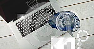 Composition of human brain and medical data processing over desk with laptop computer