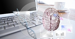 Composition of human brain and medical data processing over desk with laptop computer