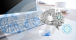 Composition of human brain and medical data processing over desk with laptop computer