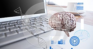 Composition of human brain and medical data processing over desk with laptop computer