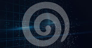 Composition of human bust formed with binary coding exploding over grid on black background