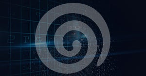 Composition of human bust formed with binary coding exploding over grid on black background