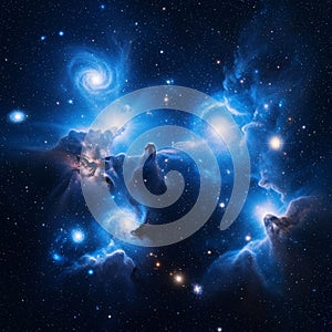 The composition includes spiral formations and glowing celestial