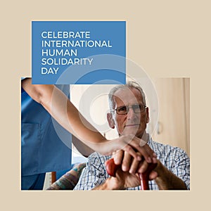 Composition of international human solidarity day text and nurse with senior man