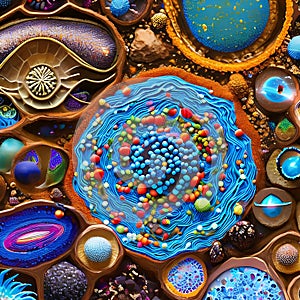 A composition of intricate details and microcosmic worlds, with magnified textures, microscopic organisms, and hidden elements w photo
