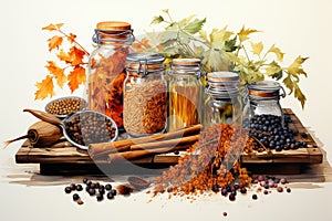 Composition with jars of different kinds of spices and herbs on a white background AI Generated Generative AI
