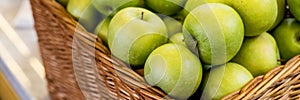 Composition with juicy green apples in wicker basket on table. web banner. Organic fruits on sale in grocery food store