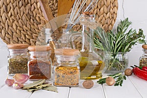 Composition of kitchen tools, spices and herbs