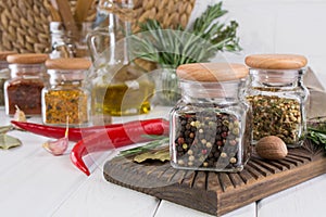 Composition of kitchen tools, spices and herbs