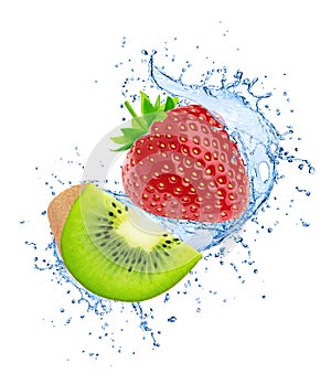 Composition with kiwi and strawberry in water splashes isolated on white background.