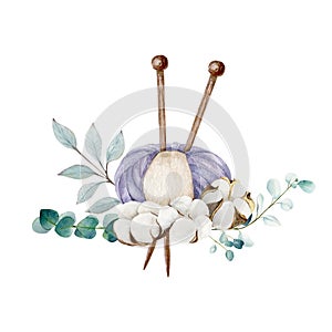 composition of knitting ball of yarn and single pointed needles with cotton bolls and eucalyptus branches