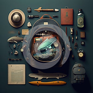 Composition with large backpack, and various fishing products, on a dark green background