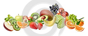 Composition with a large variety of different fruits on a white isolated background.