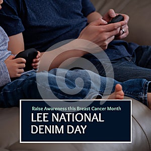 Composition of lee national denim day text over caucasian man with child playing video games