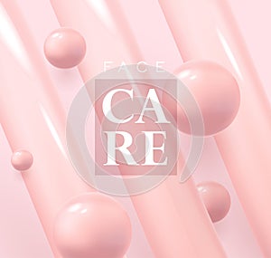 Composition with light 3d pink pearl moleculas with cream lines with text face care photo
