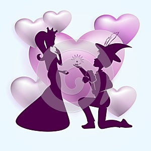Composition of light hearts and a dark silhouette of a guy in a hat and a girl in a crown