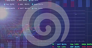 Composition of light trails and financial data processing on black background