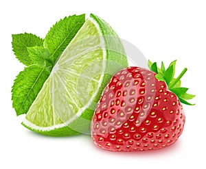 Composition with lime and strawberry isolated on a white background with clipping path. Variation on a Mojito theme.