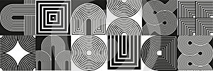 Composition with line art geometric forms and black, white blocks. Optic illusion. Endless knot, arc, waves, circles.