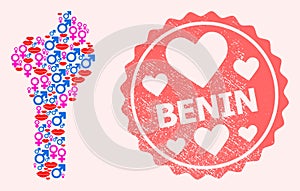 Composition of Love Smile Map of Benin and Grunge Heart Stamp