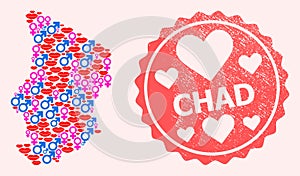 Composition of Love Smile Map of Chad and Grunge Heart Stamp