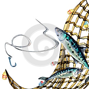 Composition of mackerel and fishnet watercolor illustration isolated on white.