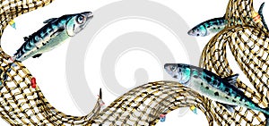 Composition of mackerel and fishnet watercolor illustration isolated on white.