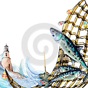 Composition of mackerel and seascape watercolor illustration isolated on white.