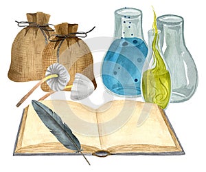 Composition with magic potions bottles, open book with feather, bags of herbs and toadstool mushrooms. Watercolor hand
