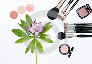 Composition with makeup cosmetics, brushes, shadoes and flowers on white background