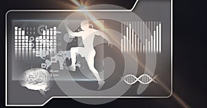 Composition of man running, dna strand and scientific data processing on screen