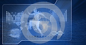 Composition of man running, dna strand and scientific data processing on screen