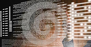 Composition of man touching screen with data processing