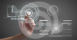 Composition of man touching screen with medical data processing