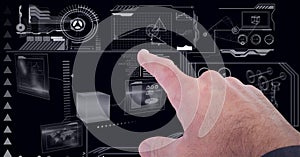 Composition of man touching virtual screen with data processing