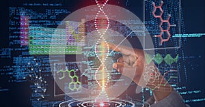 Composition of man touching virtual screen with dna strand and medical data processing