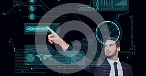 Composition of man touching virtual screen with scope scanning and data processing