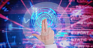 Composition of man touching virtual screen with scope scanning and data processing